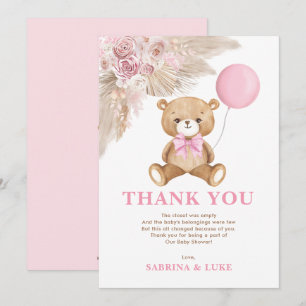 Dusty Pink Teddy Bear Balloon Meisje Baby shower Bedankkaart