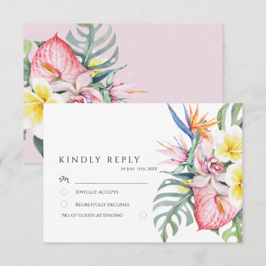 Dusty Pink Tropical Floral Botanical Wedding RSVP Kaartje (Voorkant / Achterkant)