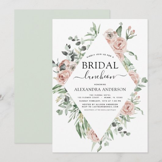 Dusty Pink Vrijgezellenfeest Luncheon Greenery Inv Kaart (Voorkant / Achterkant)