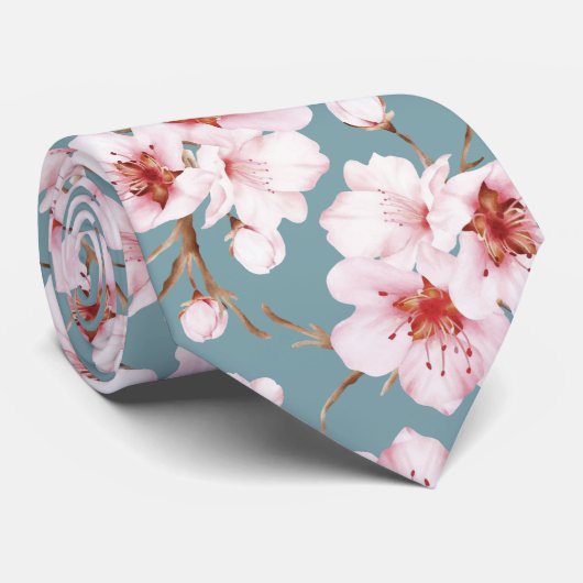 Dusty Pink Watercolor Cherry Blossoms Stropdas (Opgerold)