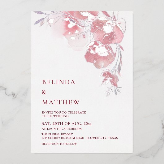 Dusty Pink Watercolor Flowers White Silver Folie Uitnodiging (Voorkant)