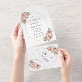 Dusty Pink Waterverf Floral Geometric Wedding All In One Uitnodiging
