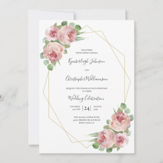Dusty Pink Waterverf Floral Geometric Wedding Kaart (Voorkant)