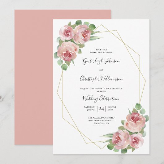 Dusty Pink Waterverf Floral Geometric Wedding Kaart (Voorkant / Achterkant)