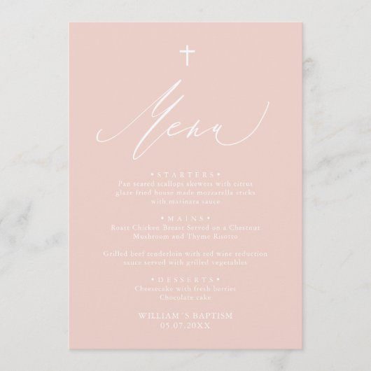 Dusty Pink White Cross-Girl Baptism Menu Kaart (Voorkant)