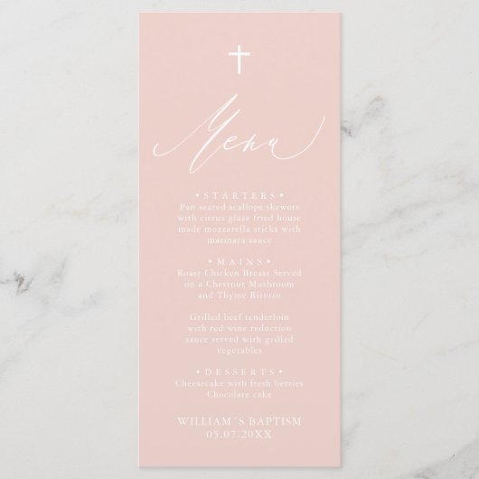 Dusty Pink White Cross-Girl Baptism Menu Kaart (Voorkant)