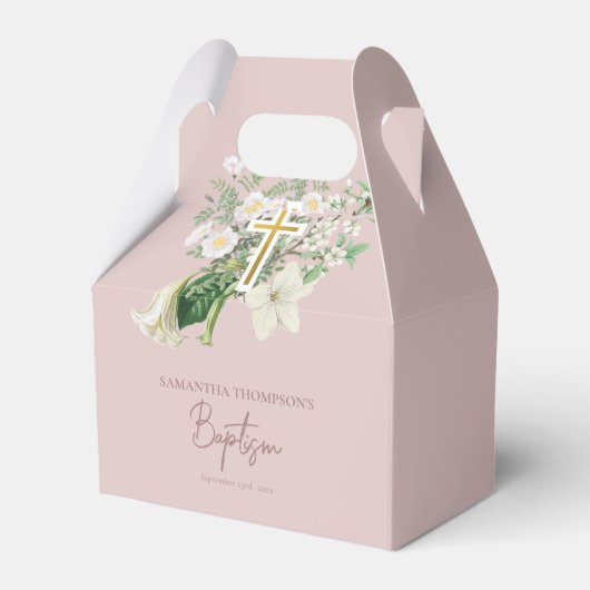 Dusty Pink White Floral Religious Cross Baptisme Bedankdoosjes (Voorkant Zijde)