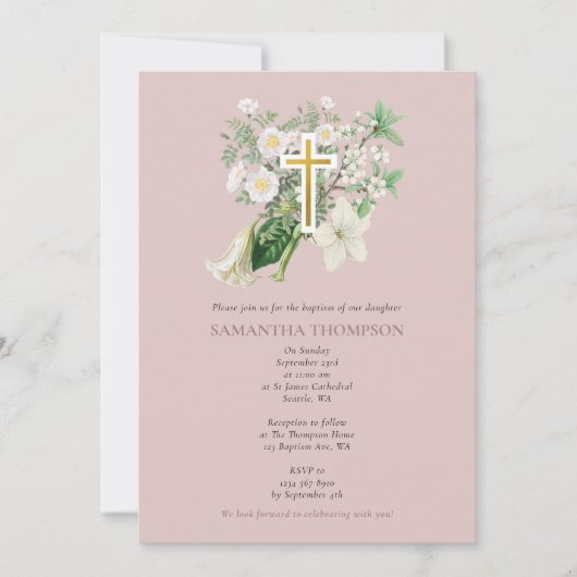 Dusty Pink White Floral Religious Cross Baptisme Kaart (Voorkant)