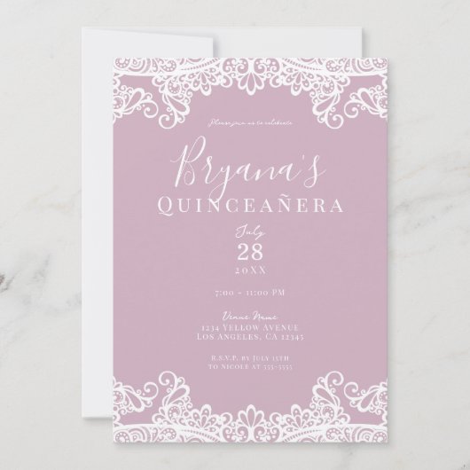 Dusty Pink White Lace Elegant Quinceañera Party Kaart (Voorkant)
