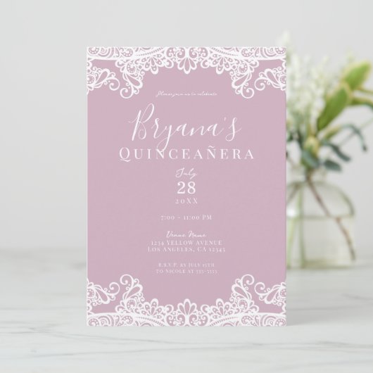 Dusty Pink White Lace Elegant Quinceañera Party Kaart (Staand voorkant)