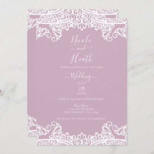 Dusty Pink & White Lace Elegant Wedding Kaart (Voorkant / Achterkant)