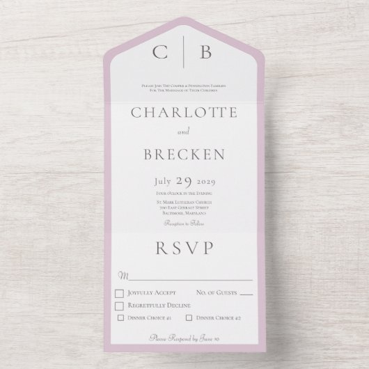 Dusty Pink & White Minimal Monogram Dinner All In One Uitnodiging (Binnen)