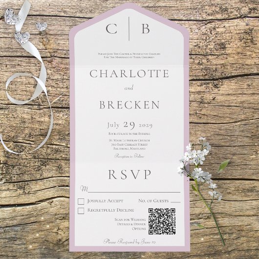 Dusty Pink & White Monogram Minimale QR-code All In One Uitnodiging