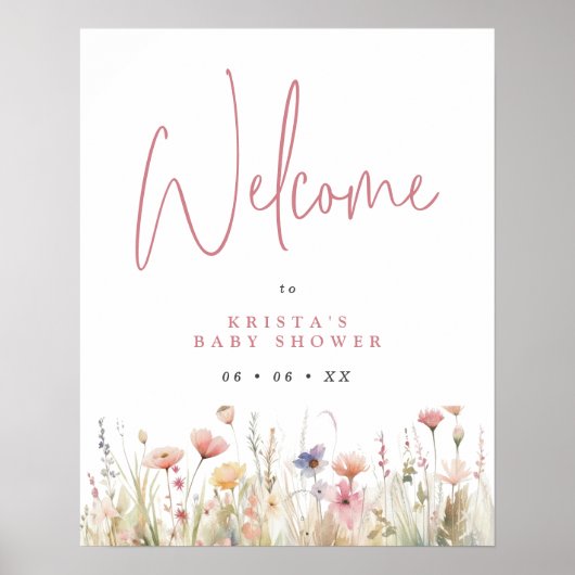 Dusty Pink Wild Flowers Baby shower Welkom Poster (Voorkant)
