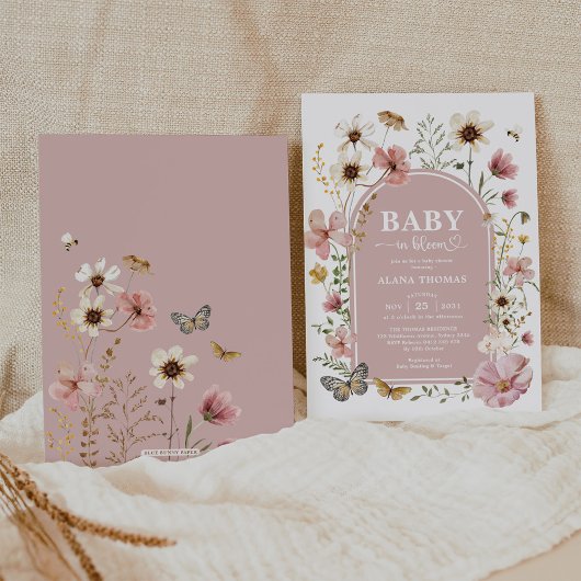 Dusty Pink Wildflower Baby in Bloom Girl Shower Kaart
