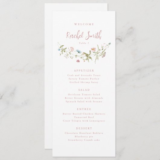 Dusty Pink Wildflower Boho Bruiloft Gast Naam Menu (Voorkant / Achterkant)