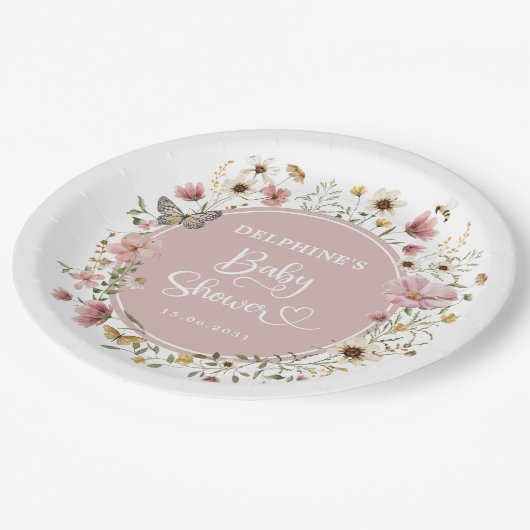 Dusty Pink Wildflower Garden Baby in Bloom Shower Papieren Bordje (Gekanteld)