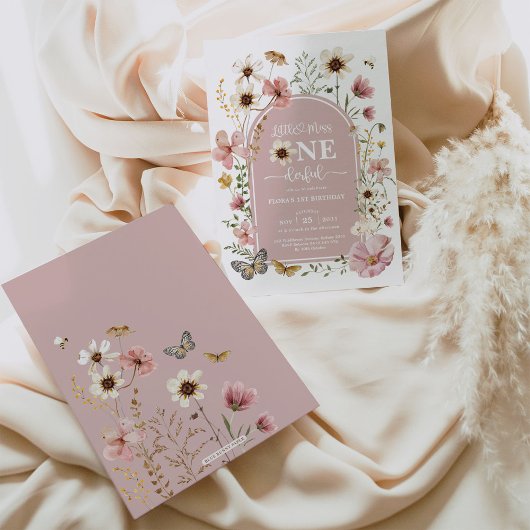 Dusty Pink Wildflower Miss Onederful 1e Verjaardag Kaart