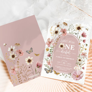 Dusty Pink Wildflower Miss Onederful 1e Verjaardag Kaart