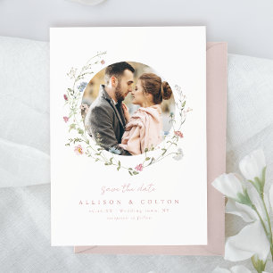Dusty Pink Wildflower Rustic Boho Couple's foto Save The Date