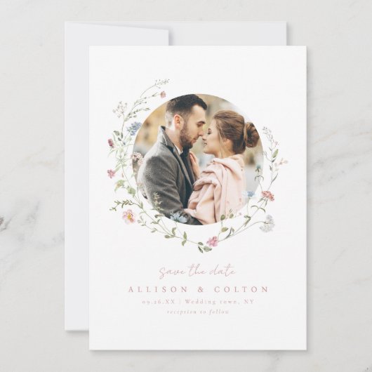 Dusty Pink Wildflower Rustic Boho Couple's foto Save The Date (Voorkant)