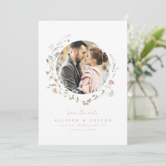 Dusty Pink Wildflower Rustic Boho Couple's foto Save The Date (Staand voorkant)