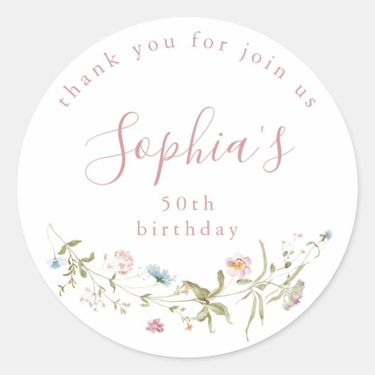 Dusty Pink Wildflower Rustic Boho Verjaardagsgunst Ronde Sticker (Voorkant)