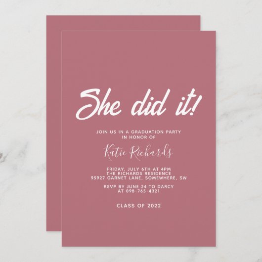 Dusty Pink Ze deed het Afstuderen Invitation Kaart (Voorkant / Achterkant)