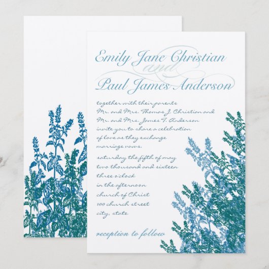 Dusty Placid Blue en Blauwgroen Wild Flower Weddin Kaart (Voorkant / Achterkant)