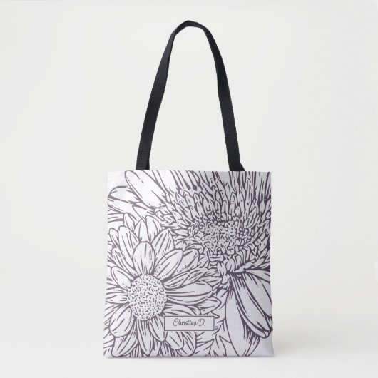 Dusty Plum Chrysanthemums Line Drawing with Name Tote Bag (Voorkant)