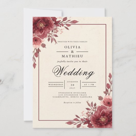 Dusty Plum Floral Arch Wedding Kaart (Voorkant)