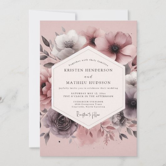 Dusty Plum Hazy Bloom Wedding Kaart (Voorkant)