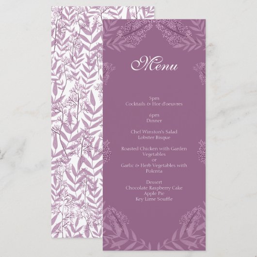 Dusty Plum Paars Wedding Botanical Menu (Voorkant / Achterkant)