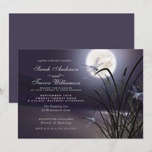 Dusty Plum Wedding Full Moon Dragonfly Pond Kaart (Voorkant / Achterkant)