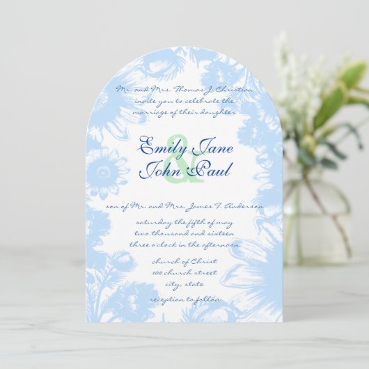 Dusty Powder Blue & Green Wedding Invitation Kaart (Staand voorkant)