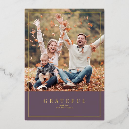 Dusty pruim Thanksgiving ingelijst familie foto Folie Feestdagenkaart (Voorkant)