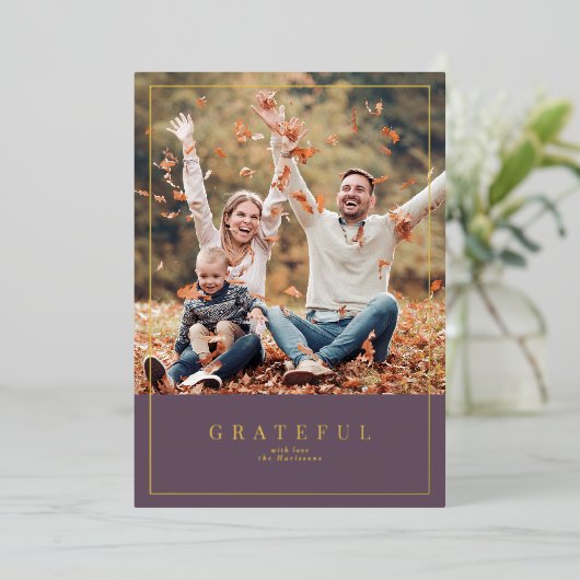 Dusty pruim Thanksgiving ingelijst familie foto Folie Feestdagenkaart (Staand Voorkant)