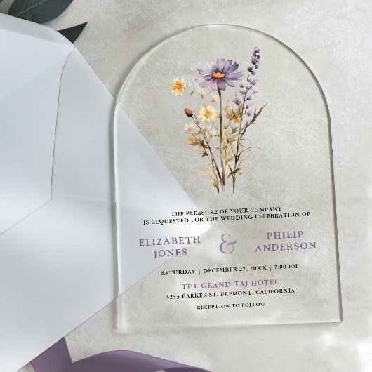 Dusty Purple Boho Wildflower Wedding Acryl Uitnodigingen