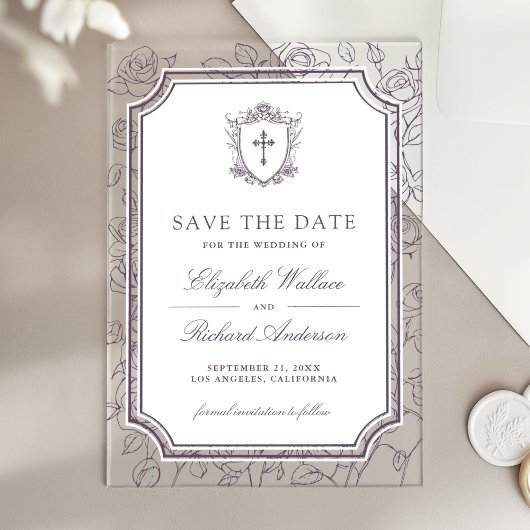 Dusty Purple Catholic Wedding Save the Date Acryl Uitnodigingen