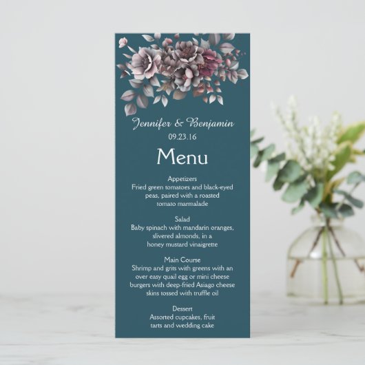 Dusty Purple, Dark Teal, Dusty Lavender Wedding | Menu (Staand voorkant)