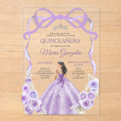 Dusty Purple Floral Bow Ribbon Silver Mis Quince Acryl Uitnodigingen (Voorkant)