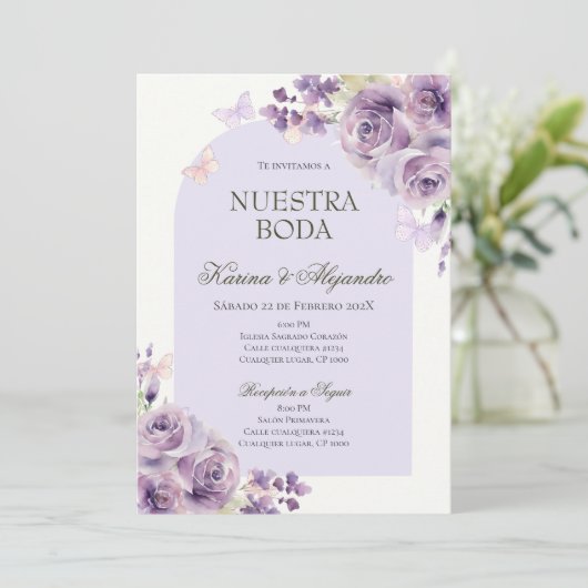 Dusty Purple Floral Elegant Boho Wedding Invitaion Kaart (Staand voorkant)