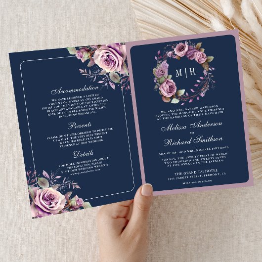 Dusty Purple Floral QR Code Navy Blue Wedding