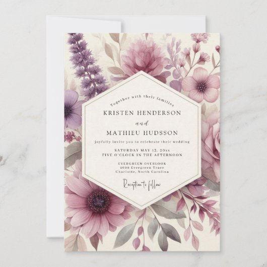 Dusty Purple Floral Romance Wedding Kaart (Voorkant)
