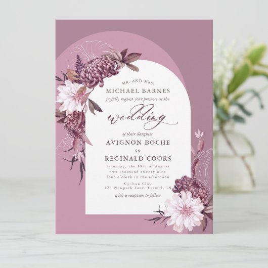 Dusty Purple Flowers Arch foto bruiloft uitnodigin Kaart (Staand voorkant)