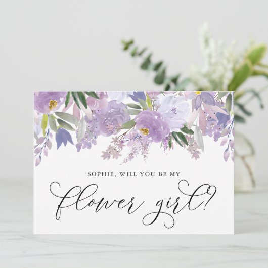 Dusty Purple Flowers word Mijn Bloemenmeisje Kaart (Staand voorkant)