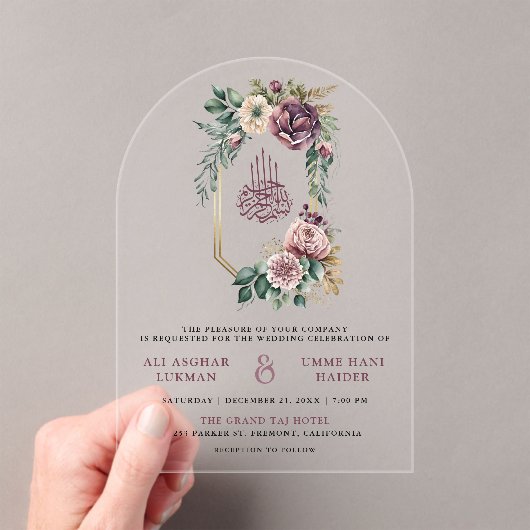 Dusty Purple Gold Floral Crest Muslim Wedding Acryl Uitnodigingen (Insitu (Draagbaar))