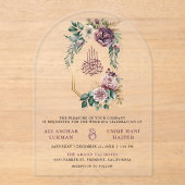 Dusty Purple Gold Floral Crest Muslim Wedding Acryl Uitnodigingen (Voorkant)