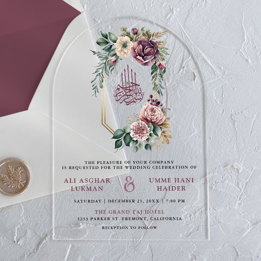 Dusty Purple Gold Floral Crest Muslim Wedding Acryl Uitnodigingen