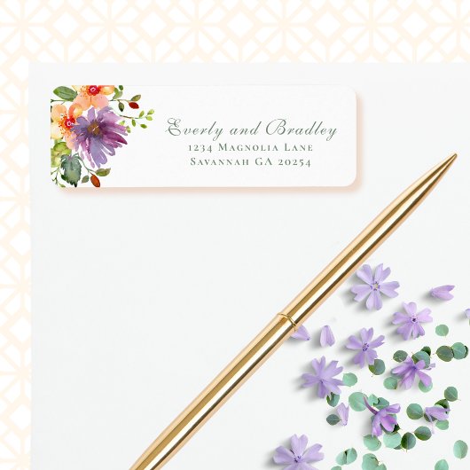 Dusty Purple Peach Watercolor Floral Botanical  Etiket